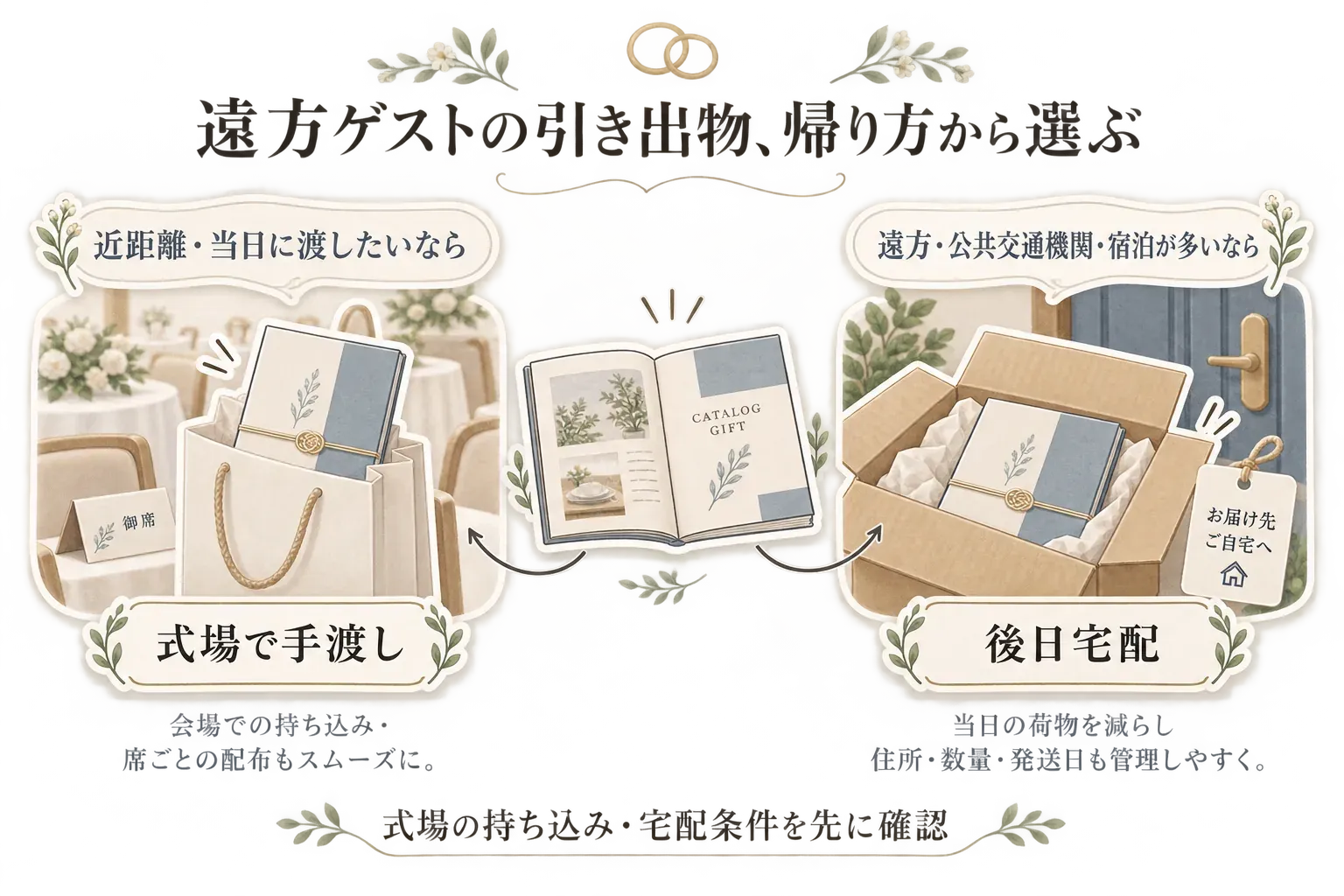 遠方ゲストの引き出物を帰り方で選ぶ図。近距離で当日に渡したい場合は、会場の席札と手提げ袋に入れたカタログギフトを示す「式場で手渡し」、遠方・公共交通機関・宿泊が多い場合は、緩衝材を入れた発送箱と自宅宛ての札を示す「後日宅配」としている。式場の持ち込み・宅配条件を先に確認すると案内している。