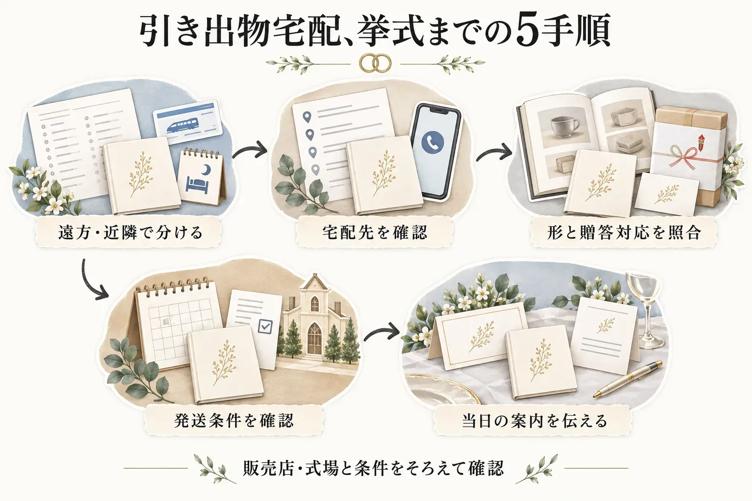 引き出物宅配を挙式までに準備する5手順を示す図。遠方・近隣で分ける、宅配先を確認する、カタログの形と贈答対応を照合する、発送条件を確認する、当日の案内を伝える、の順に並び、販売店と式場の条件をそろえて確認すると案内している。