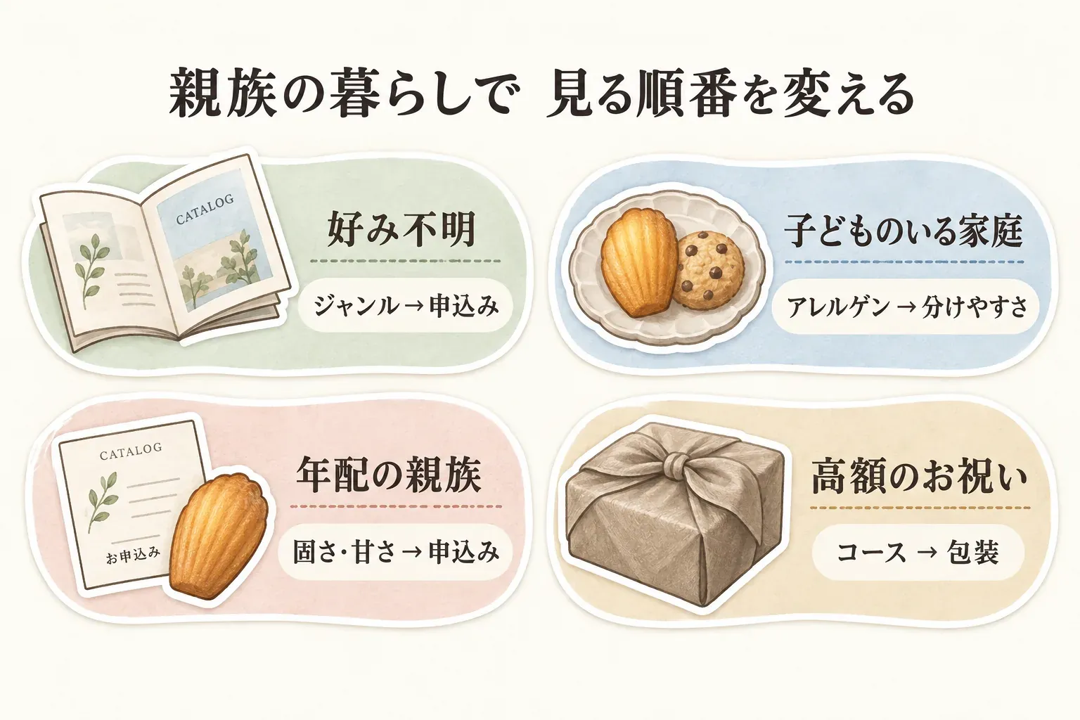 親族の暮らしに応じてカタログギフトと焼き菓子を見る順番を変える図。好みが分からない相手はカタログのジャンルから申込み方法、子どものいる家庭はアレルゲンから分けやすさ、年配の親族は焼き菓子の固さ・甘さから申込み方法、高額のお祝いにはカタログのコースから包装を確認すると示している。