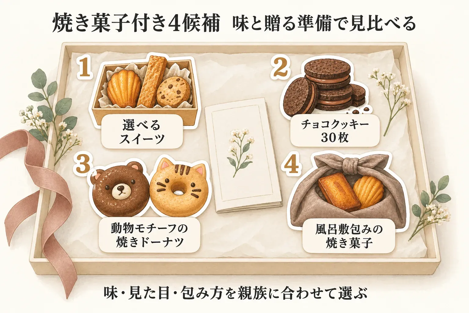 出産内祝い向けのカタログギフトと焼き菓子付き4候補を比較する図。選べるスイーツ、チョコクッキー30枚、動物モチーフの焼きドーナツ、風呂敷包みの焼き菓子を並べ、味・見た目・包み方を親族に合わせて選ぶと示している。