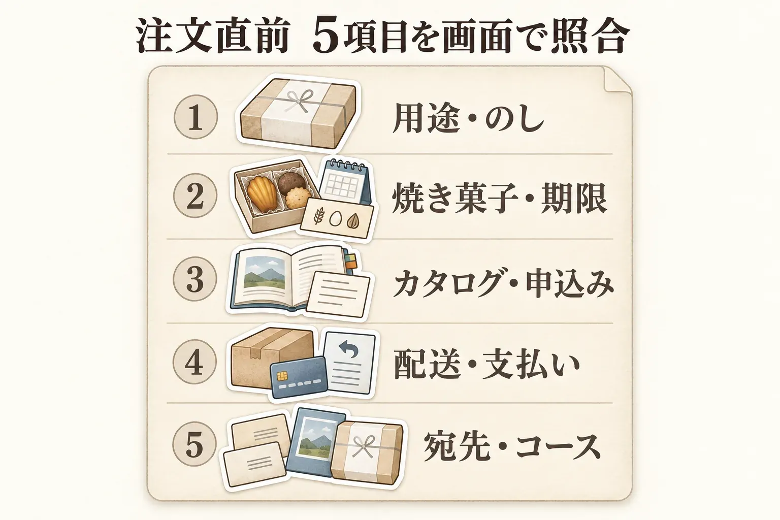 出産内祝いの注文直前に画面で照合する5項目を示す図。用途・のし、焼き菓子と賞味期限、カタログと申込み、配送と支払い、宛先とコースを順に確認すると案内している。