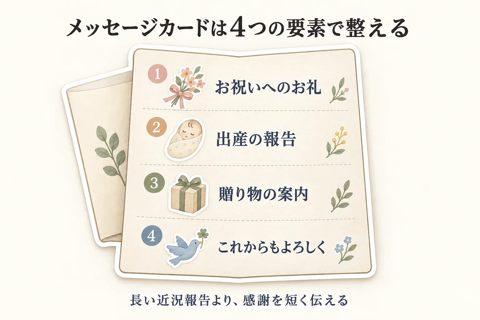 メッセージカードを4つの要素で整える図。お祝いへのお礼、出産の報告、贈り物の案内、これからもよろしくという結びを、長い近況報告より優先して感謝を短く伝える構成として示している。