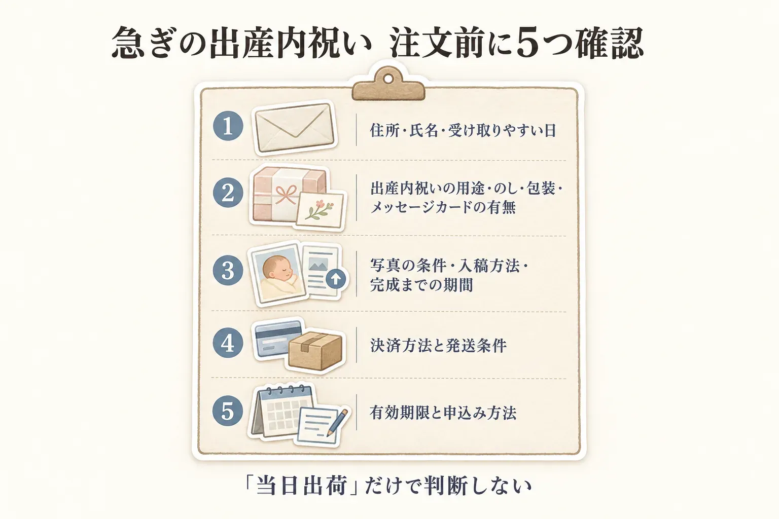 急ぎの出産内祝いで注文前に確認する5項目を示す図。住所・氏名・受け取りやすい日、出産内祝いの用途・のし・包装・メッセージカード、写真の条件・入稿方法・完成までの期間、決済方法と発送条件、有効期限と申込み方法を確認し、当日出荷表示だけで判断しないよう案内している。