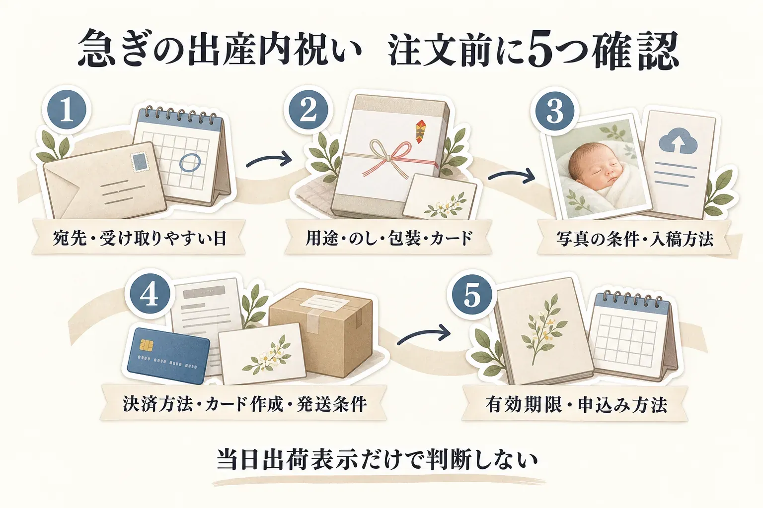 急ぎの出産内祝いの注文前チェックを順に示す図。宛先と受け取りやすい日、用途・のし・包装・カード、写真の条件と入稿方法、決済方法・カード作成・発送条件、有効期限・申込み方法を確認する流れを表している。