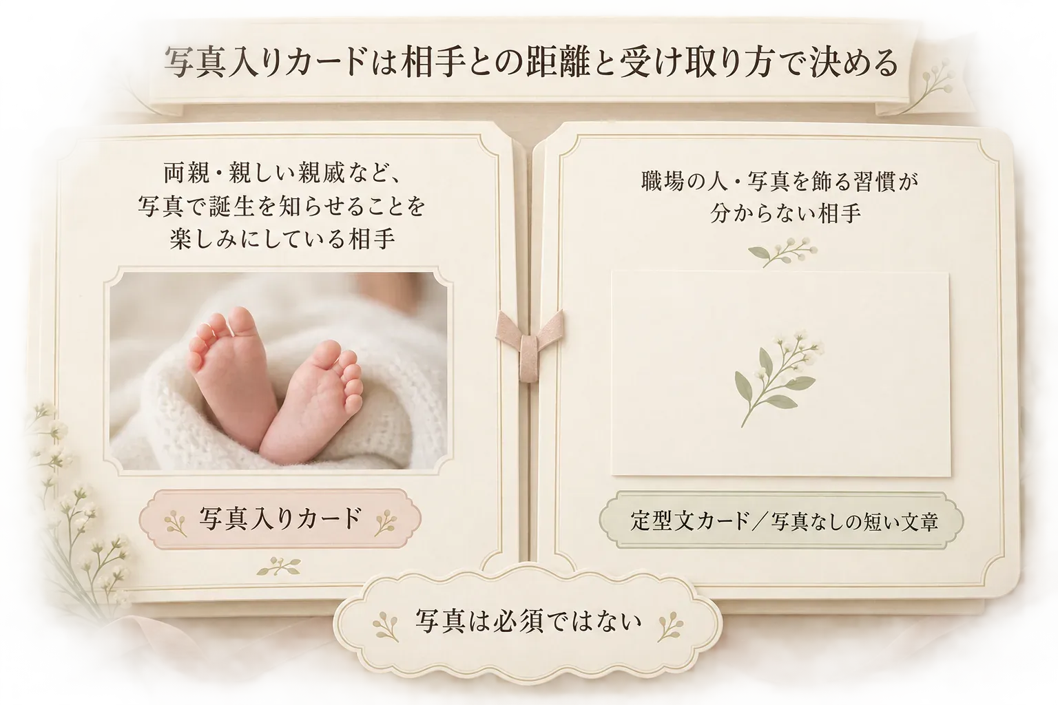写真入りカードの選び方を示す図。両親や親しい親戚など写真で誕生を知らせることを楽しみにしている相手には写真入りカード、職場の人や写真を飾る習慣が分からない相手には定型文カードまたは写真なしの短い文章を示し、写真は必須ではないと案内している。