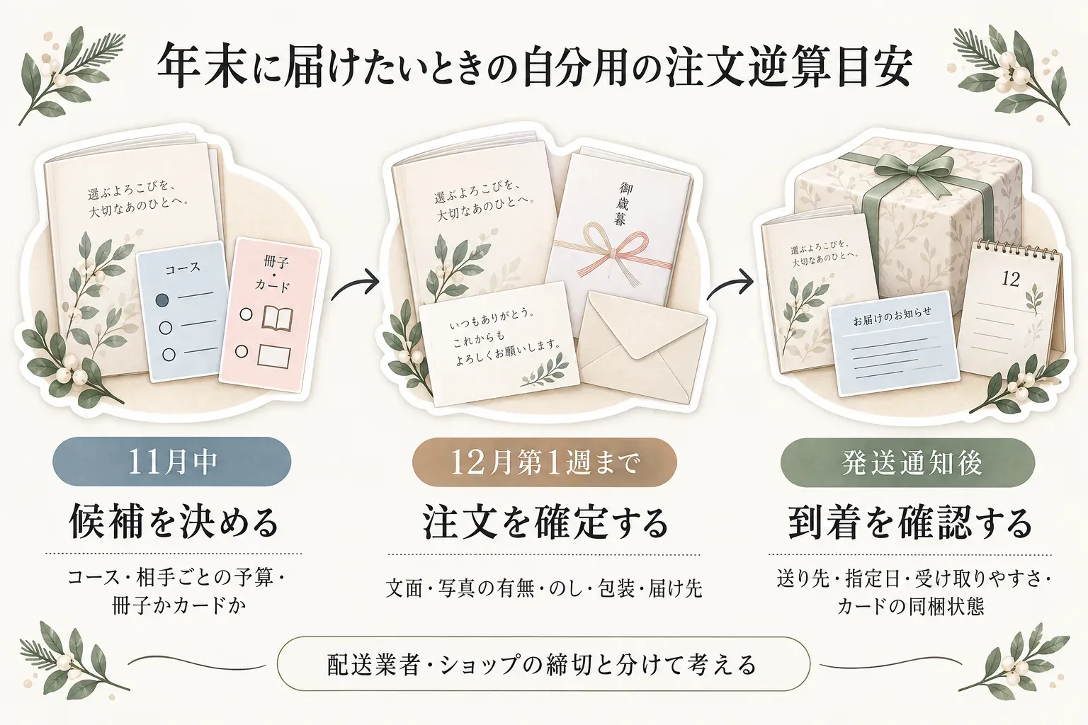 年末に届けたい出産内祝いの自分用の注文逆算目安を示す図。11月中にカタログのコース・相手ごとの予算・冊子かカードかを決め、12月第1週までに文面・写真の有無・のし・包装・届け先を確定し、発送通知後に送り先・指定日・受け取りやすさ・カードの同梱状態を確認する流れを示している。配送業者・ショップの締切とは分けて考えるよう案内している。
