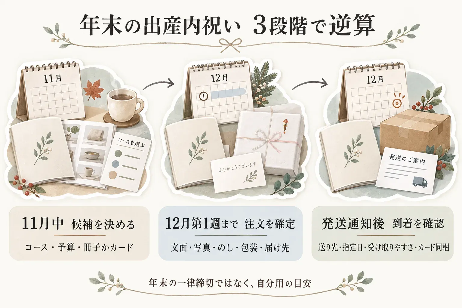 年末の出産内祝いを3段階で逆算する図。11月中にコース・予算・冊子かカードかの候補を決め、12月第1週までに文面・写真・のし・包装・届け先を含めて注文を確定し、発送通知後に送り先・指定日・受け取りやすさ・カード同梱を確認する流れを、11月と12月のカレンダー、カタログ、包装品、配送案内で示している。年末の一律締切ではなく自分用の目安として案内している。