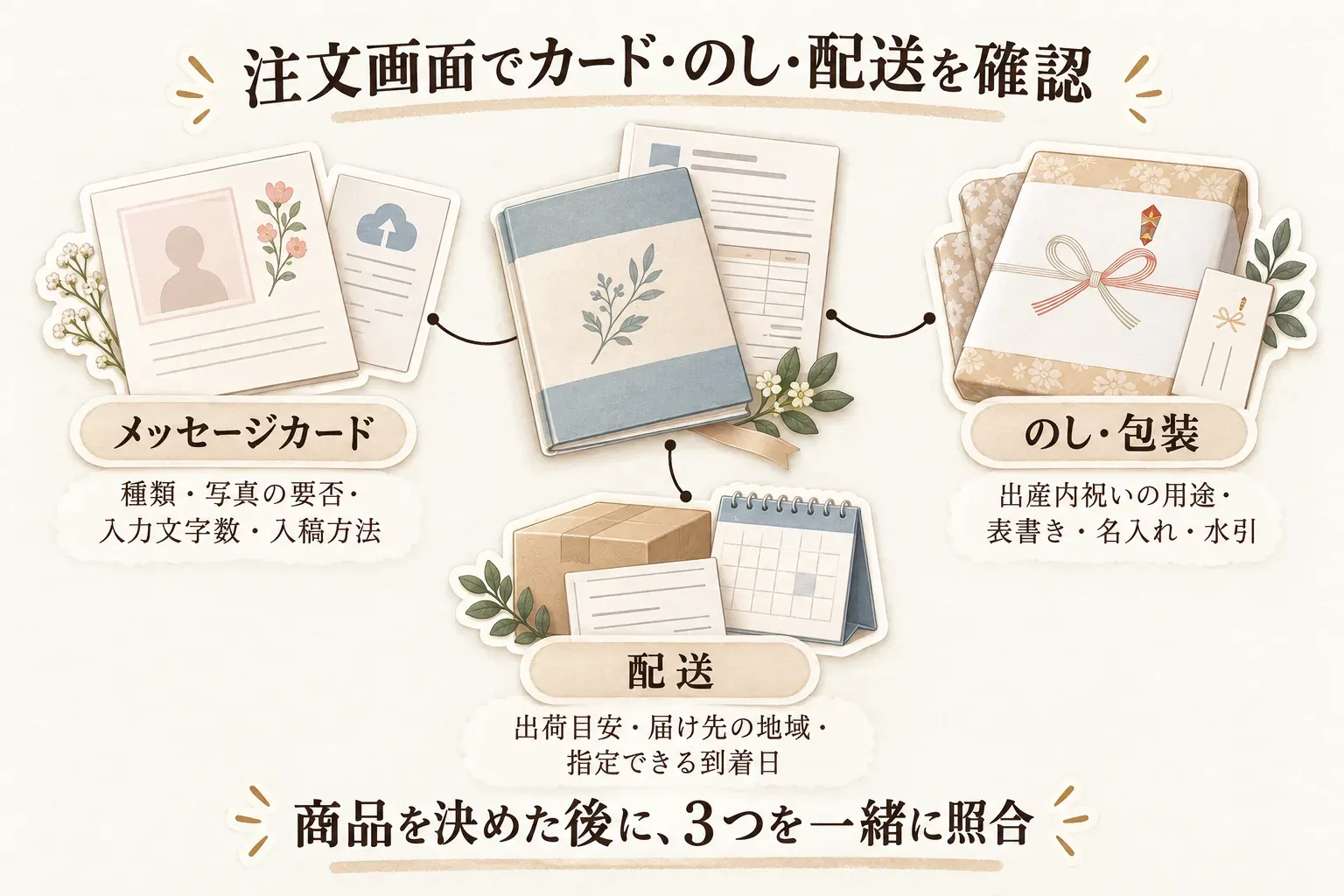 出産内祝いの注文画面で、商品を決めた後にメッセージカード・のしと包装・配送の3項目を一緒に照合する図。カードは種類・写真の要否・入力文字数・入稿方法、のしと包装は出産内祝いの用途・表書き・名入れ・水引、配送は出荷目安・届け先地域・指定できる到着日を確認する内容を示している。