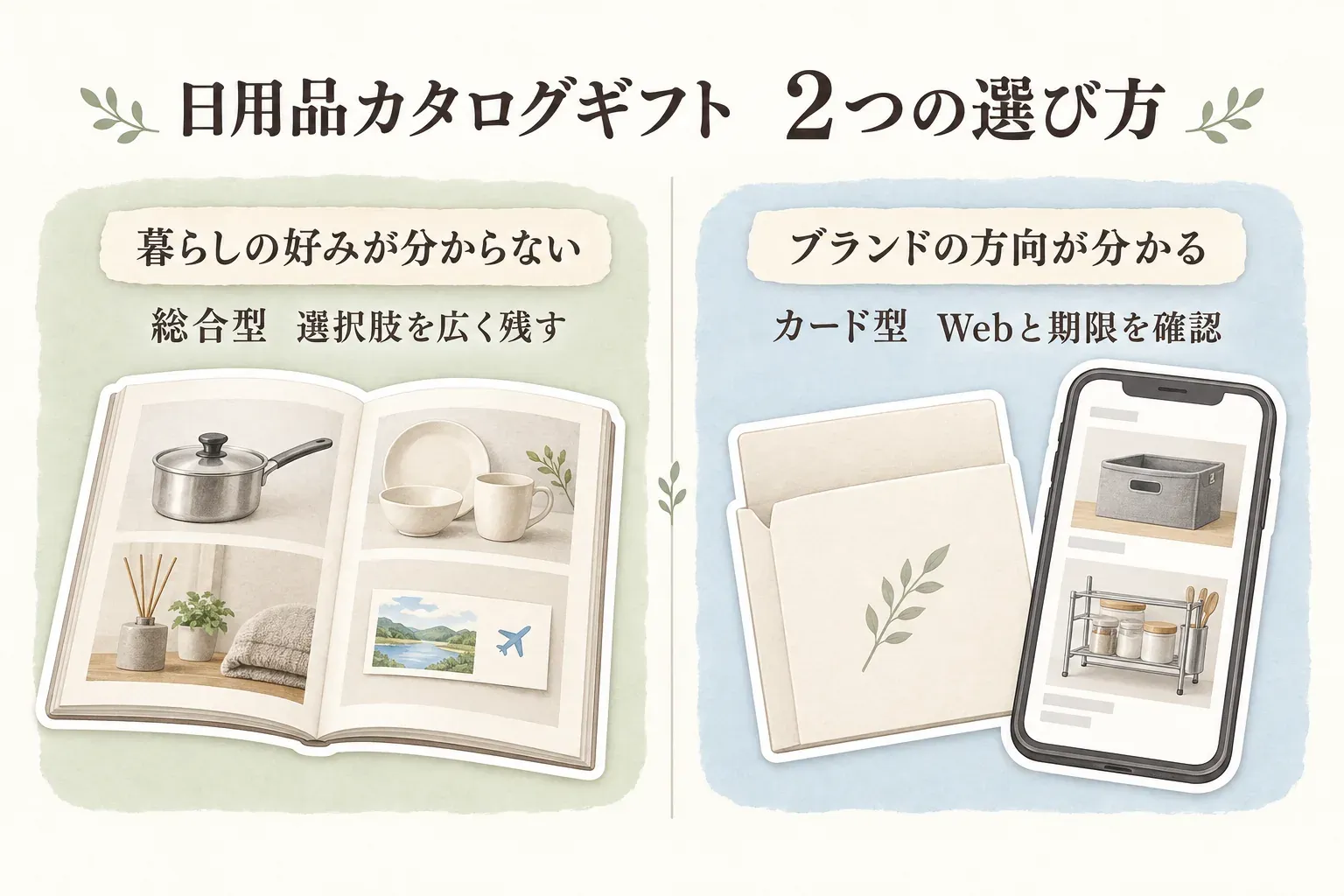 日用品カタログギフト4候補の選び分けを、幅広い掲載ジャンルから選ぶ総合型と、山崎実業towerの商品をWebで選ぶカード型で比較する図。親族の好みの分かり具合に応じた選択の目安を示している。