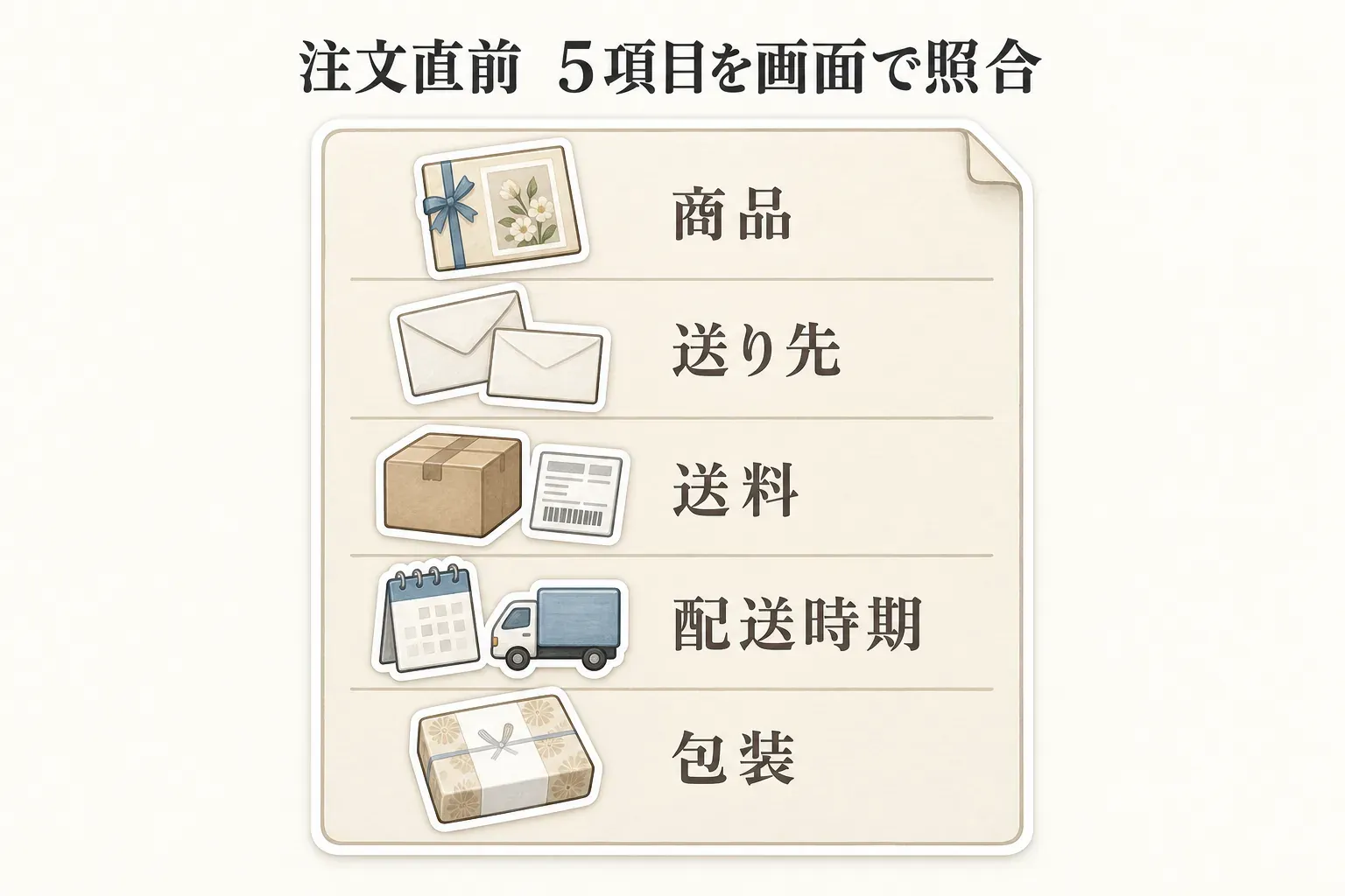 親族へカタログギフトを通販で注文する前の最終確認を示す図。商品、送り先、送料、配送時期、のし・包装の指定を一件ずつ照合し、towerカード型では申込み期限も確認するよう案内している。出典：消費者庁の特定商取引法ガイド。