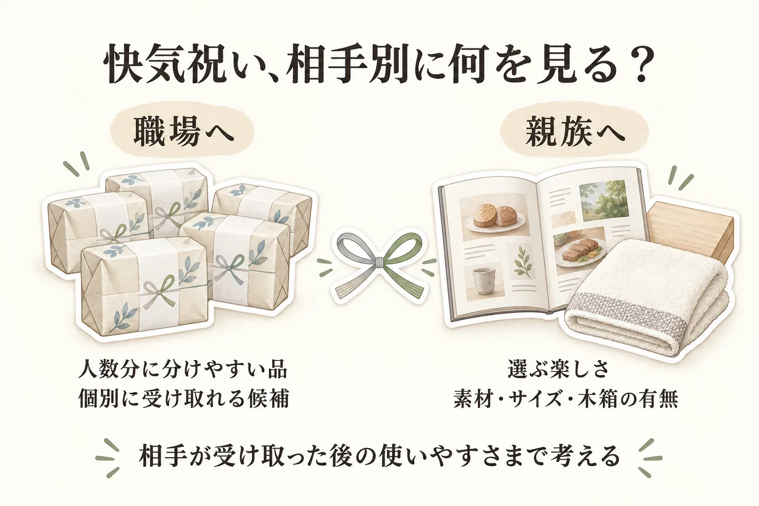 快気祝いを職場と親族へ贈る際の見方を比較する図。職場には人数分に分けやすく個別に受け取れる品、親族には選ぶ楽しさ、タオルの素材・サイズ・木箱の有無を確認することを示し、受け取った後の使いやすさまで考えるよう案内している。