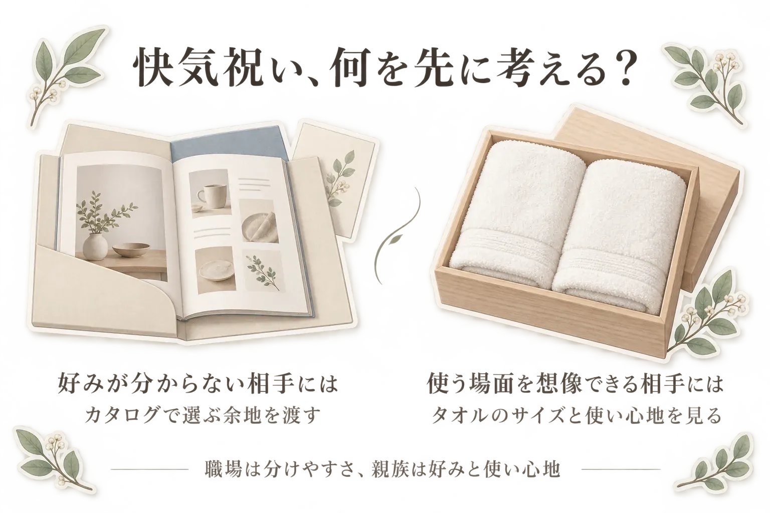 快気祝いで先に考えることを、カタログギフトと木箱入りタオルセットの絵で示す図。好みが分からない相手には選ぶ余地を渡すカタログ、使う場面を想像できる相手にはタオルのサイズと使い心地を見る目安を案内している。