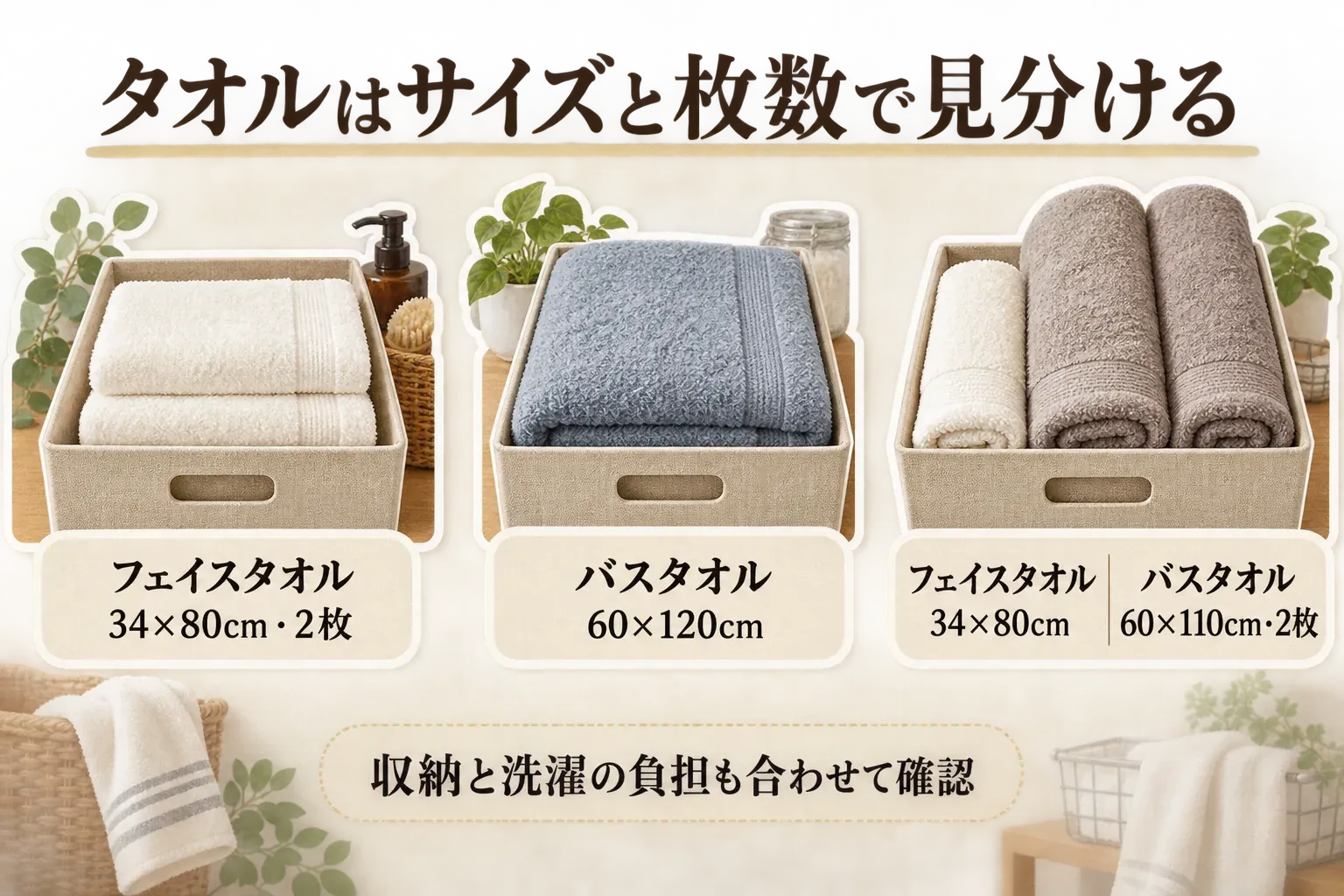 快気祝い向けタオルをサイズと枚数で見分ける図。フェイスタオル34×80cm・2枚、バスタオル60×120cm、フェイスタオル34×80cmとバスタオル60×110cm・2枚の例を並べ、収納と洗濯の負担も合わせて確認するよう案内している。