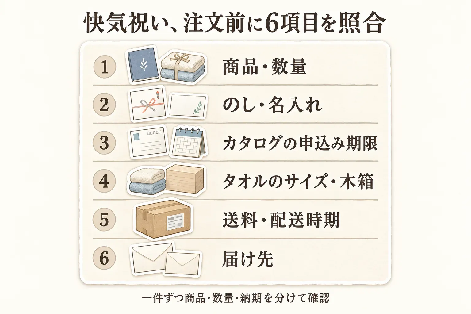 快気祝いの注文前に照合する6項目を示す図。商品・数量、のし・名入れ、カタログの申込み期限、タオルのサイズ・木箱、送料・配送時期、届け先を一件ずつ確認し、商品・数量・納期を分けて確認するよう案内している。