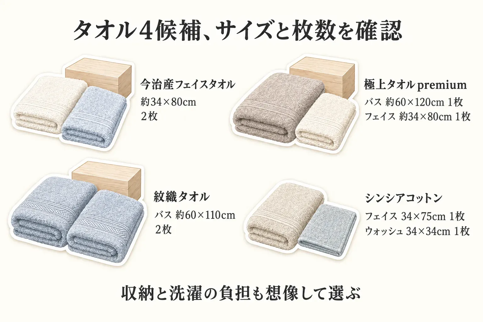 快気祝い向けタオル4候補のサイズと枚数を比較する図。今治産フェイスタオルは約34×80cmが2枚、極上タオルpremiumはバスタオル約60×120cmとフェイスタオル約34×80cmが各1枚、紋織タオルはバスタオル約60×110cmが2枚、シンシアコットンはフェイスタオル34×75cmとウォッシュタオル34×34cmが各1枚で、収納と洗濯の負担も想像して選ぶよう示している。