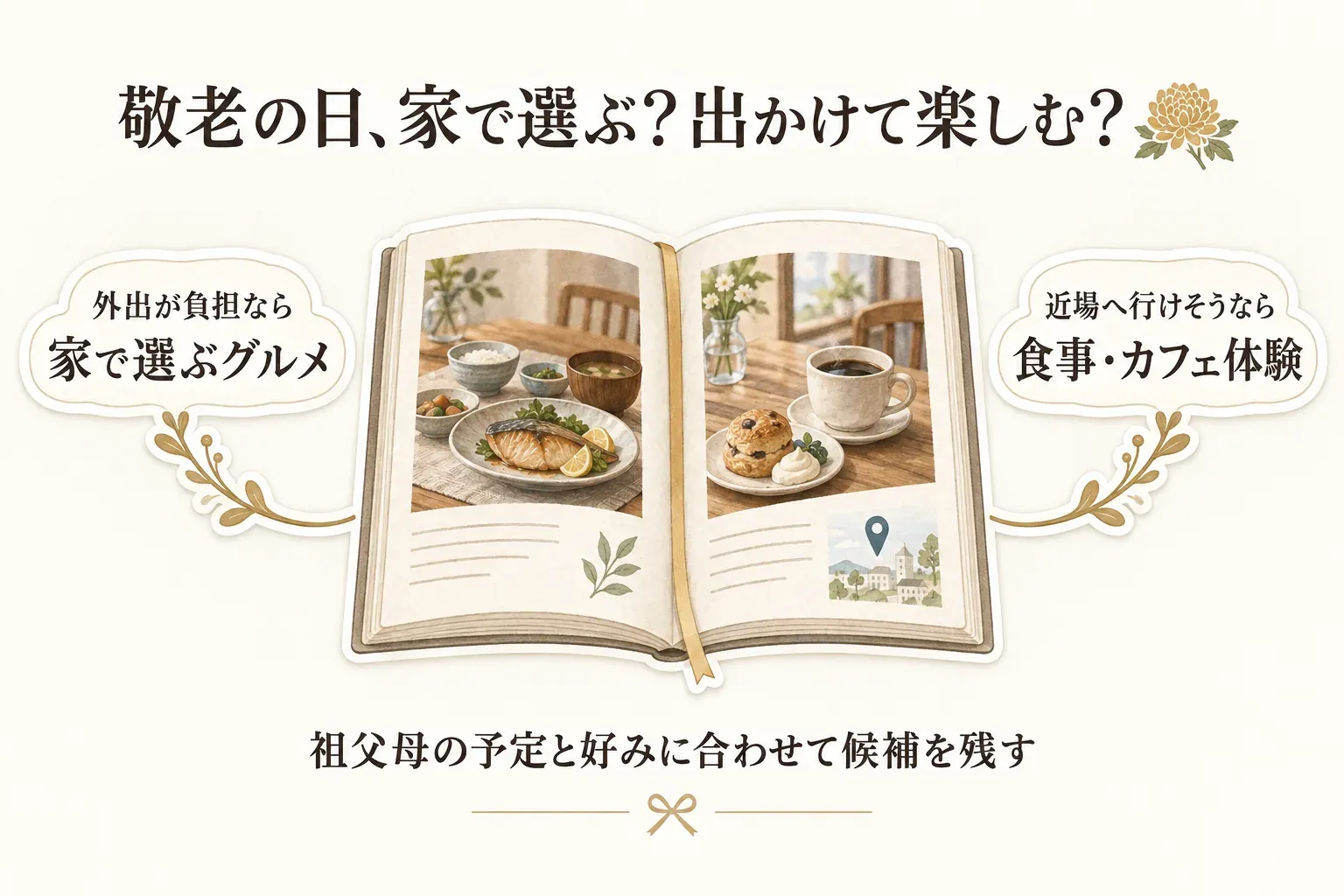 敬老の日のカタログギフトを家で選ぶか出かけて楽しむかで選び分ける図。外出が負担なら家で選ぶグルメ、近場へ行けそうなら食事・カフェ体験を候補にし、祖父母の予定と好みに合わせて候補を残すと示している。