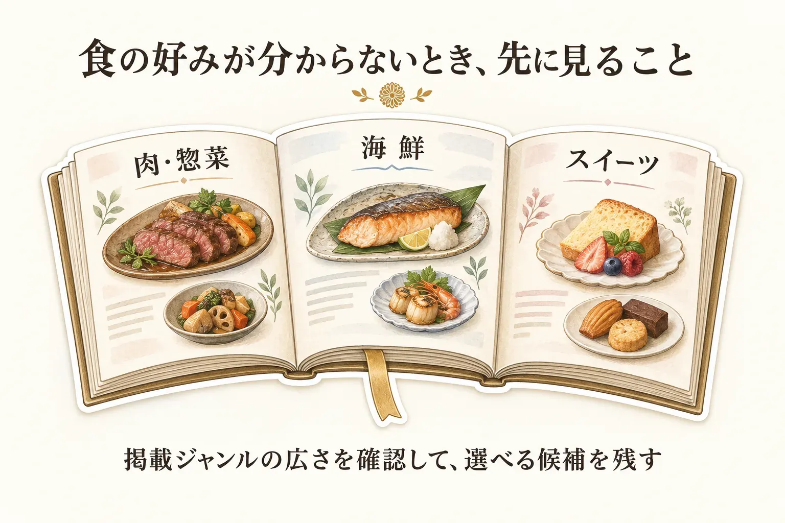 食の好みが分からないときに確認する掲載ジャンルの広さを示す図。カタログに肉・惣菜、海鮮、スイーツの選択肢があり、掲載ジャンルを確認して選べる候補を残すと案内している。