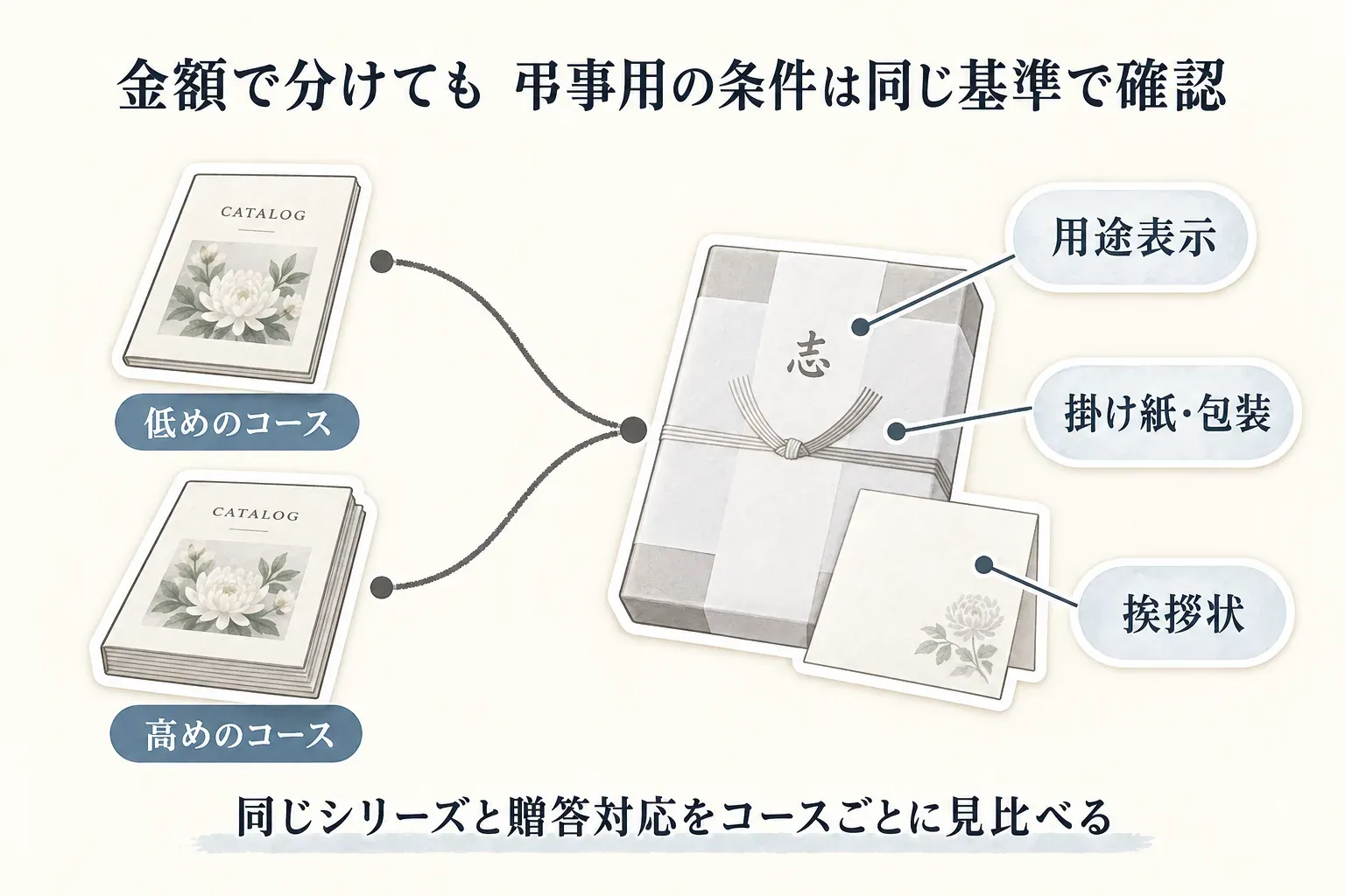 低めのコースと高めのコースを同じ弔事用の設定で手配する図。用途表示、掛け紙・包装、挨拶状をコースごとに確認し、同じシリーズと贈答対応を見比べるよう示している。