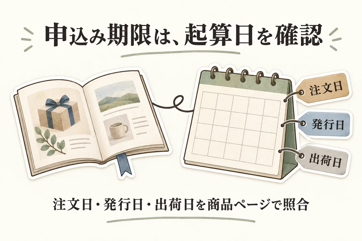 カタログギフトの申込み期限は起算日を確認する図。注文日、発行日、出荷日のどれを基準にするかを商品ページで照合するよう示している。