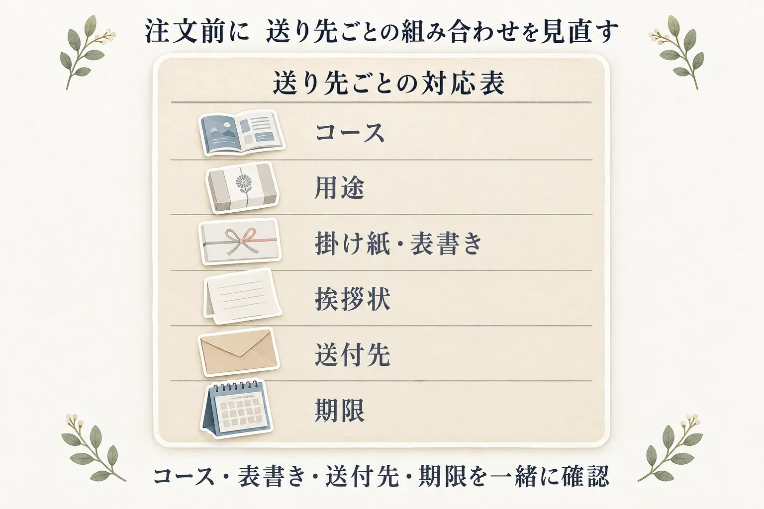 注文前に送り先ごとの組み合わせを見直す図。コース、用途、掛け紙・表書き、挨拶状、送付先、期限を一緒に確認する項目として示している。