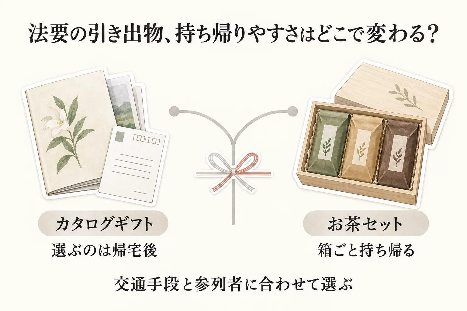 法要の引き出物の持ち帰りやすさを、カタログギフトとお茶セットで比べる図。カタログギフトは帰宅後に品物を選び、お茶セットは箱ごと持ち帰ること、交通手段と参列者に合わせて選ぶことを示している。