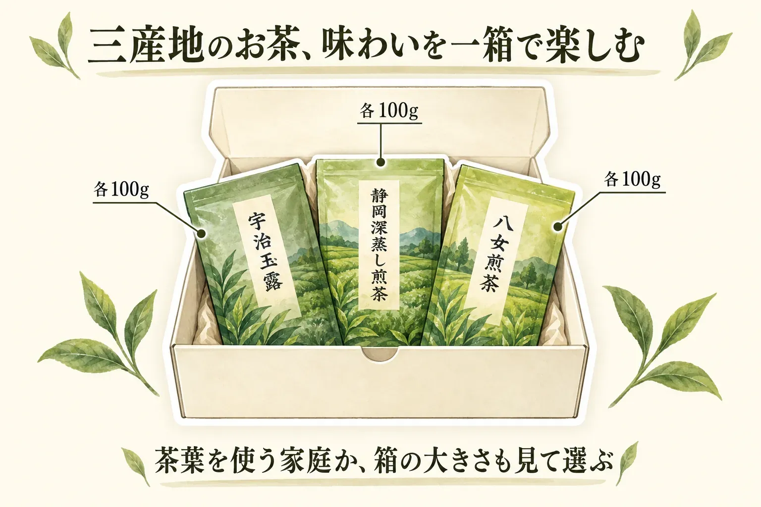 宇治玉露、静岡深蒸し煎茶、八女煎茶を各100gずつ詰めた三産地のお茶セットを示す図。茶葉を使う家庭か、箱の大きさも見て選ぶことを案内している。