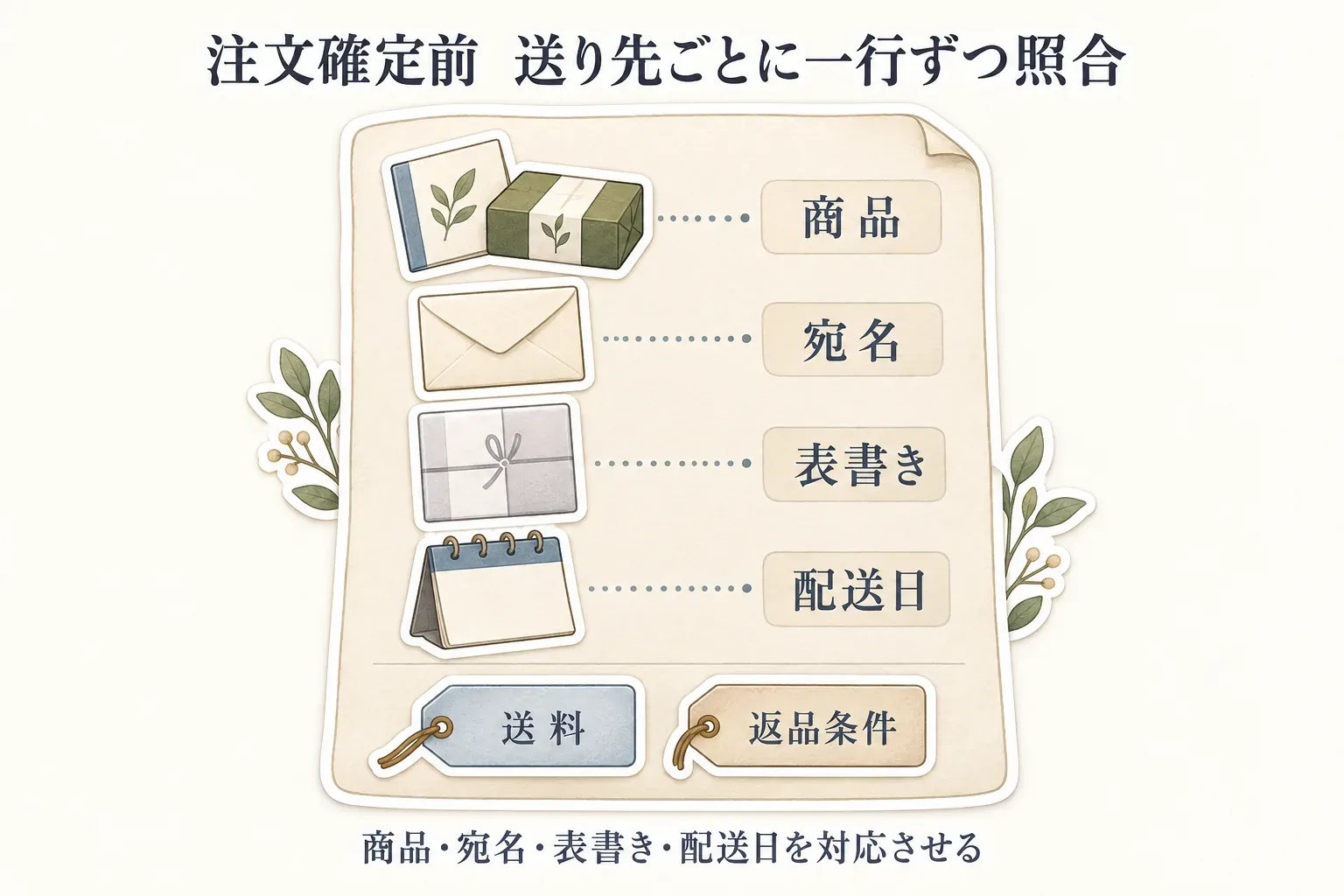 注文確定前に送り先ごとに照合する項目を示す図。商品、宛名、表書き、配送日を対応させ、送料と返品条件も確認するよう案内している。