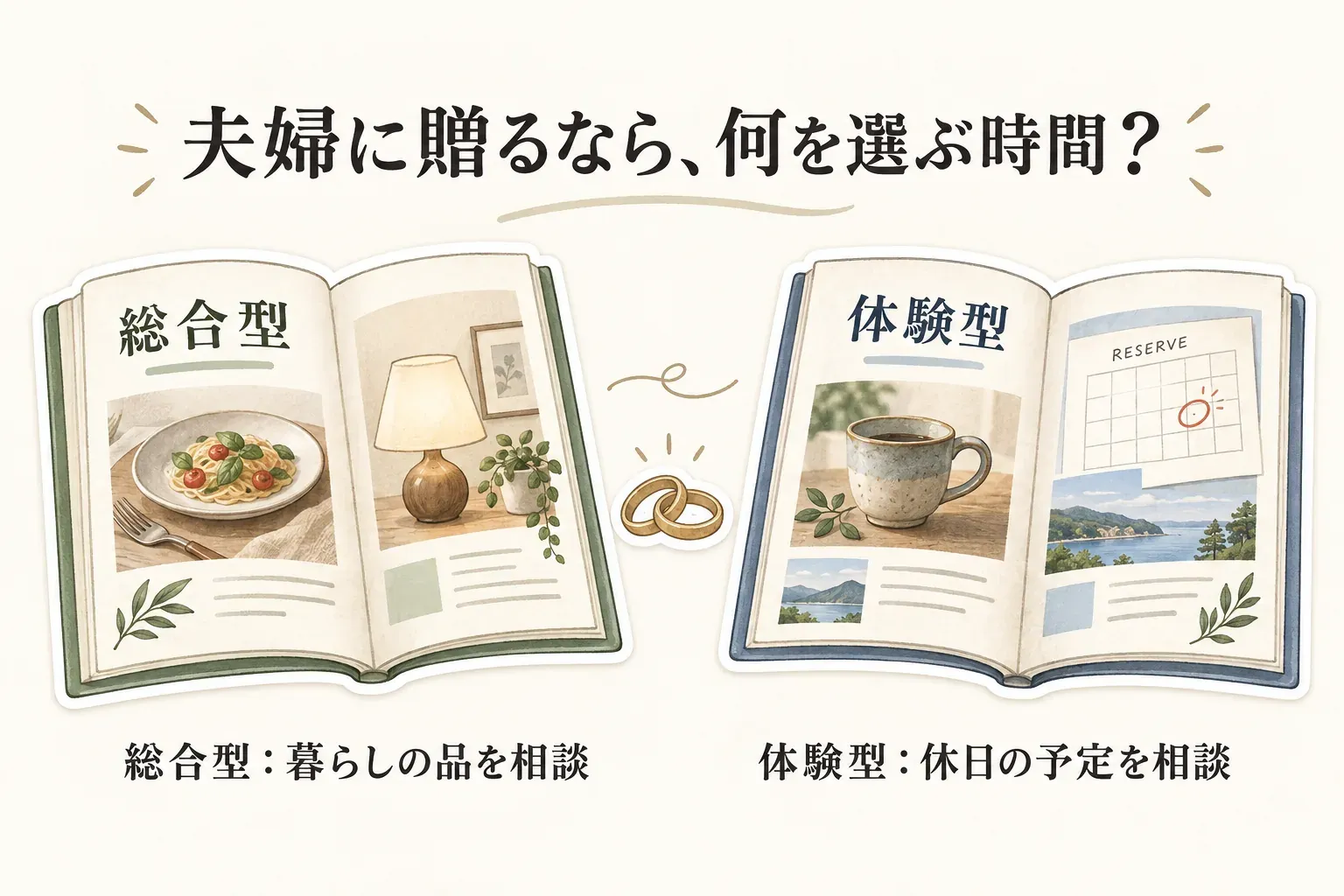 友人夫婦へ贈るカタログギフトを、総合型と体験型で選び分ける図。総合型は食事や照明のある誌面とともに「暮らしの品を相談」、体験型はコーヒー、旅行先、予約カレンダーのある誌面とともに「休日の予定を相談」と示している。