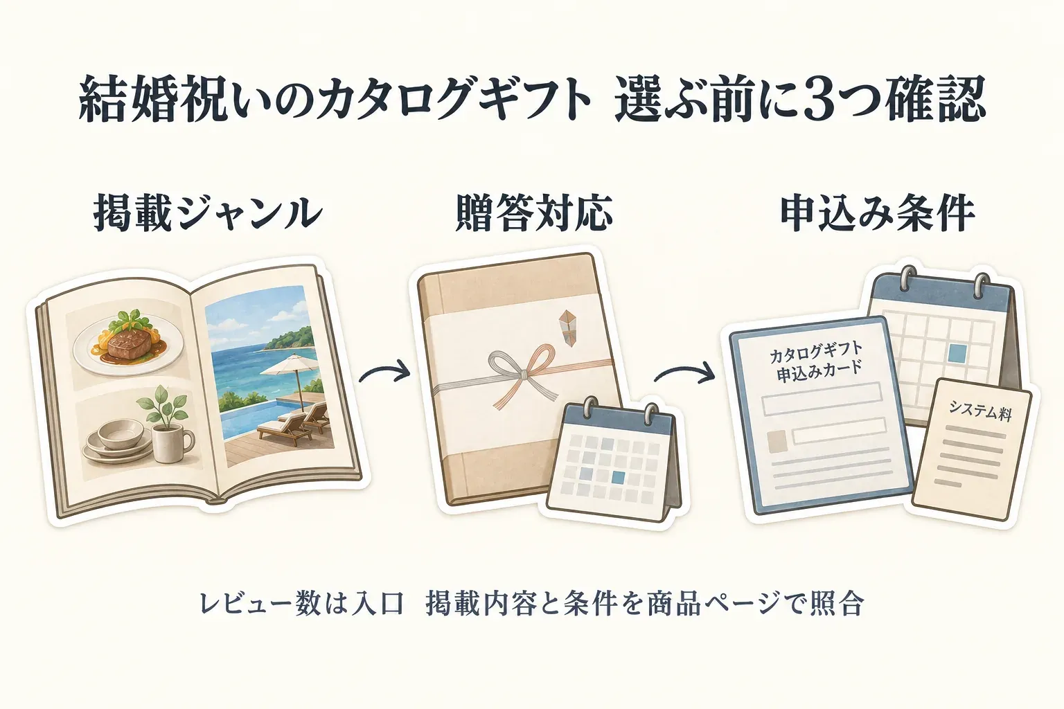 結婚祝いのカタログギフトを選ぶ前の3つの確認点を示す図。掲載ジャンル、のし・包装などの贈答対応、申込み条件を順に確認し、レビュー数は入口として掲載内容と条件を商品ページで照合すると案内している。