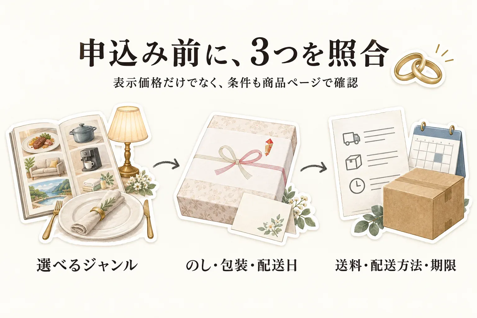 カタログギフトの申込み前に照合する3項目を示す図。選べるジャンル、のし・包装・配送日、送料・配送方法・期限を商品ページで確認し、表示価格だけでなく条件も確認すると案内している。