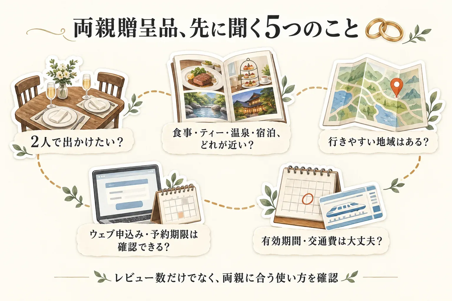 結婚式の両親贈呈品を選ぶ前に聞く5つのことを示す図。2人で出かけたいか、食事・アフタヌーンティー・温泉・宿泊のどれが近いか、行きやすい地域があるか、ウェブ申込み・予約期限を確認できるか、有効期間・交通費は大丈夫かを確認すると案内している。