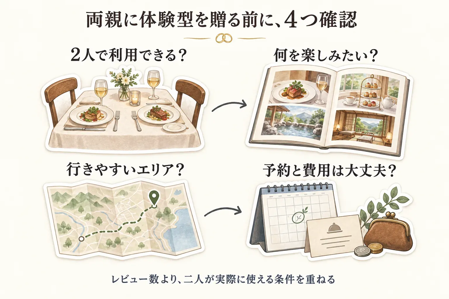 両親に体験型カタログギフトを贈る前の4つの確認点を示す図。2人で利用できるか、食事・アフタヌーンティー・温泉・宿泊のどれを楽しみたいか、行きやすいエリアか、予約と費用に無理がないかを順に確認し、レビュー数より実際に使える条件を重ねると案内している。