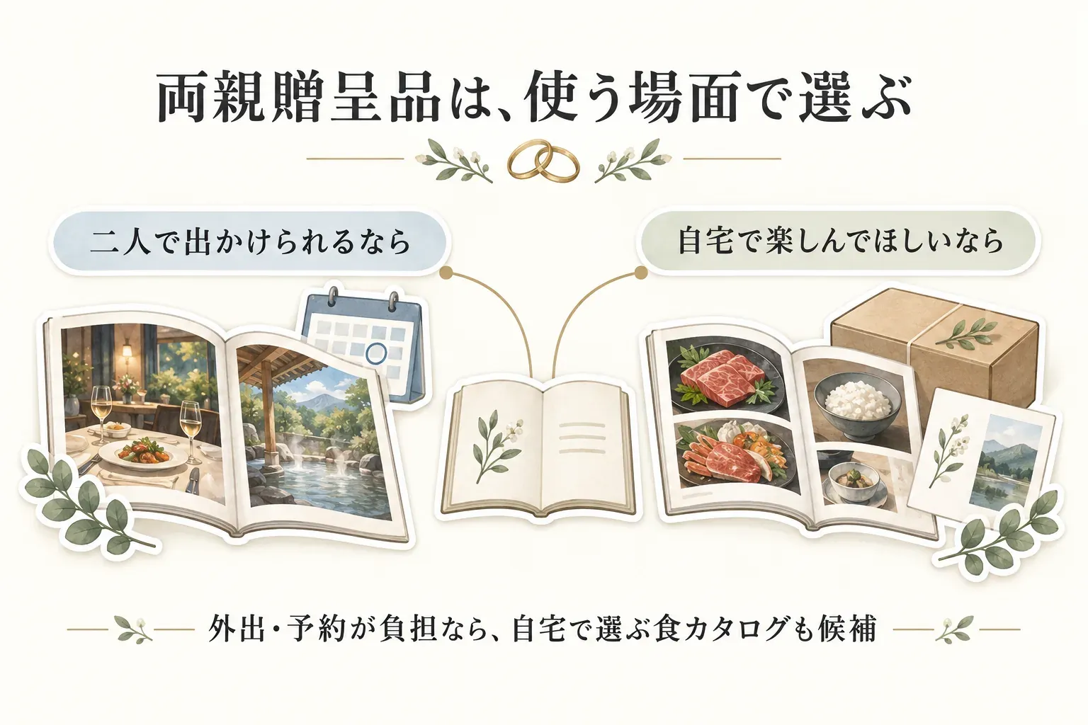 両親贈呈品を使う場面で選ぶ図。二人で出かけられるならレストランや日帰り温泉などの体験型カタログを、自宅で楽しんでほしいなら食材や郷土料理を選ぶ食カタログを候補にし、外出・予約が負担なら自宅型も選べると示している。