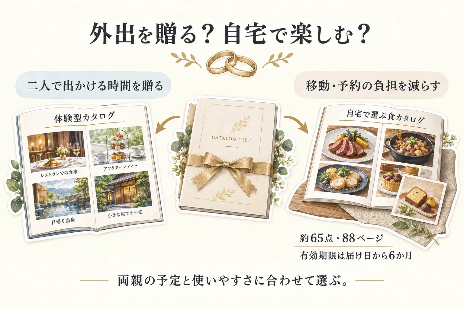 両親贈呈品で外出型と自宅型を選び分ける図。二人で出かける時間を贈るならレストラン・アフタヌーンティー・日帰り温泉・小さな宿の一泊を収録した体験型カタログを、移動・予約の負担を減らすなら自宅で選ぶ食カタログを選ぶと示している。食カタログは約65点・88ページ、有効期限は届け日から6か月と記載している。