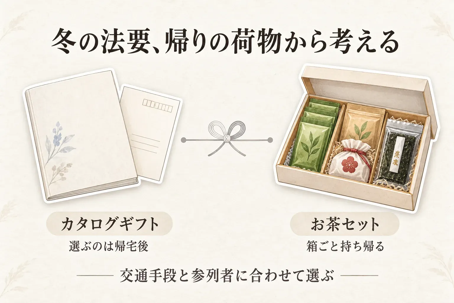 冬の法要の帰りの荷物から、カタログギフトとお茶セットを選ぶ図。カタログギフトは帰宅後に品物を選び、お茶セットは箱ごと持ち帰ること、交通手段と参列者に合わせて選ぶことを示している。
