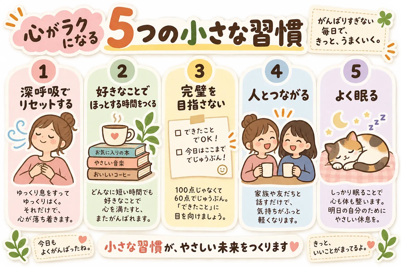 冬の法要で帰宅する参列者を想定し、深呼吸する、好きなことでほっとする、完璧を目指さない、人とつながる、よく眠るという五つの小さな習慣を示した図。