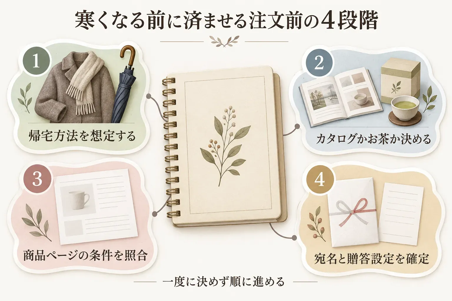寒くなる前に済ませる法要の注文前準備を四段階で示した図。帰宅方法を想定し、カタログかお茶かを決め、商品ページの条件を照合し、宛名と贈答設定を確定する流れ。