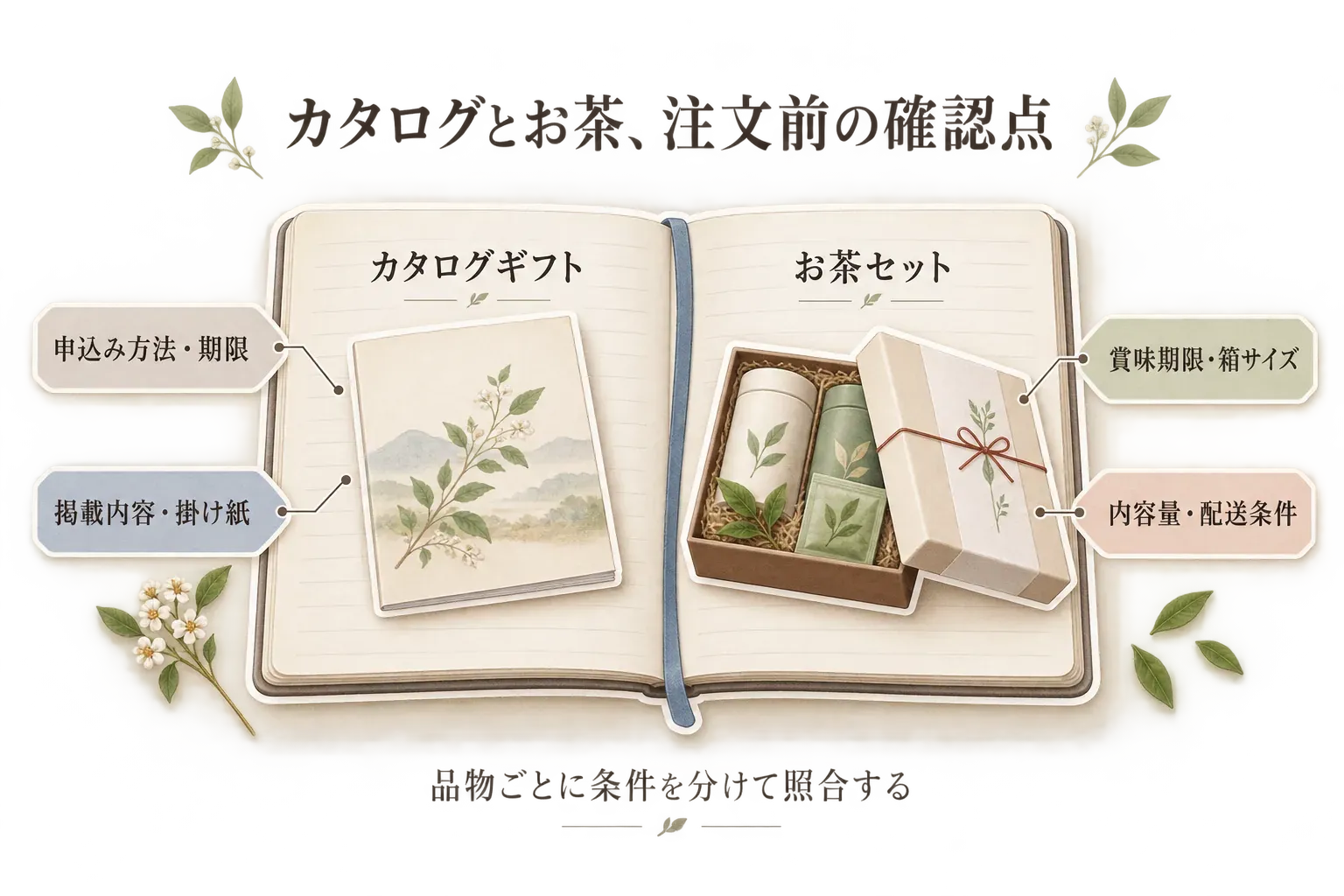 カタログギフトとお茶セットの注文前の確認点を比較する図。カタログギフトは申込み方法・期限・掲載内容・掛け紙、お茶セットは賞味期限・箱サイズ・内容量・配送条件を確認することを示している。