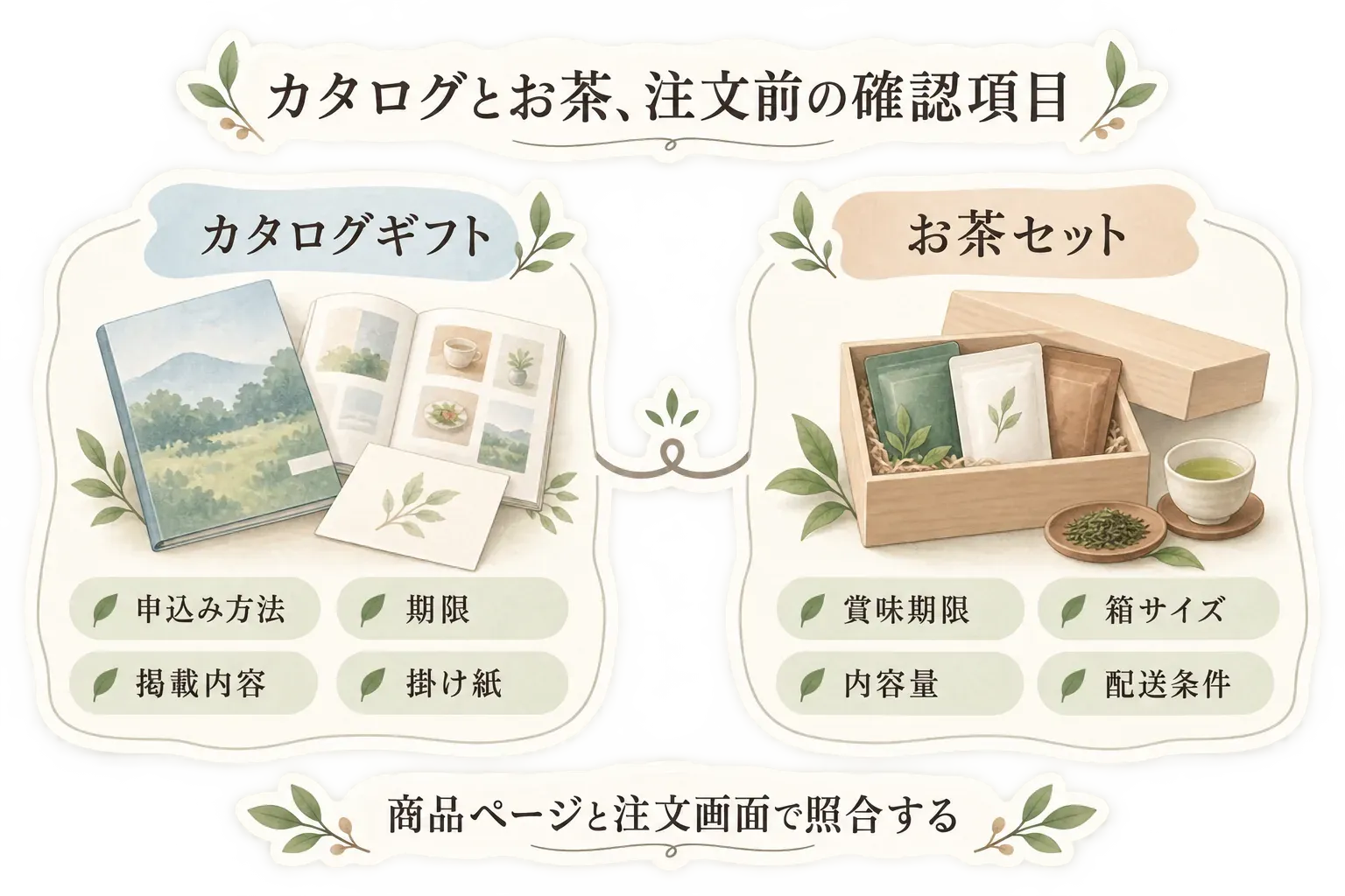 カタログギフトとお茶セットの注文前の確認項目を示す図。カタログギフトは申込み方法・期限・掲載内容・掛け紙、お茶セットは賞味期限・箱サイズ・内容量・配送条件を確認し、商品ページと注文画面で照合することを案内している。