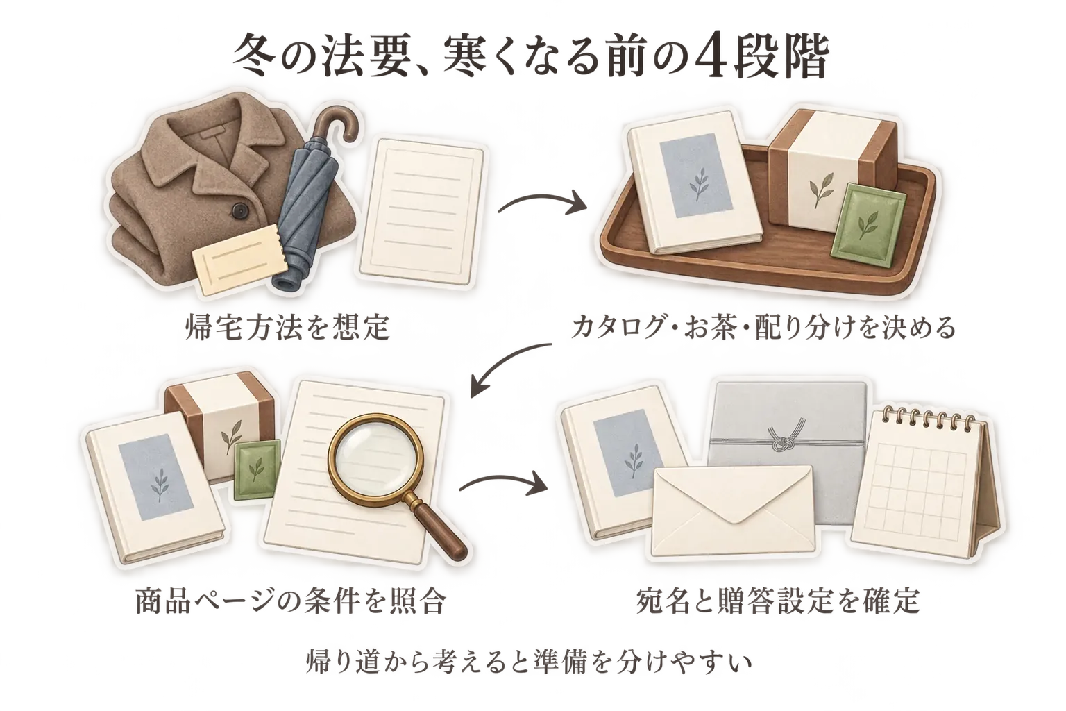 冬の法要の注文前準備の順番を示す図。帰宅方法を想定し、カタログ・お茶・配り分けを決め、商品ページの条件を照合し、宛名と贈答設定を確定する流れ。
